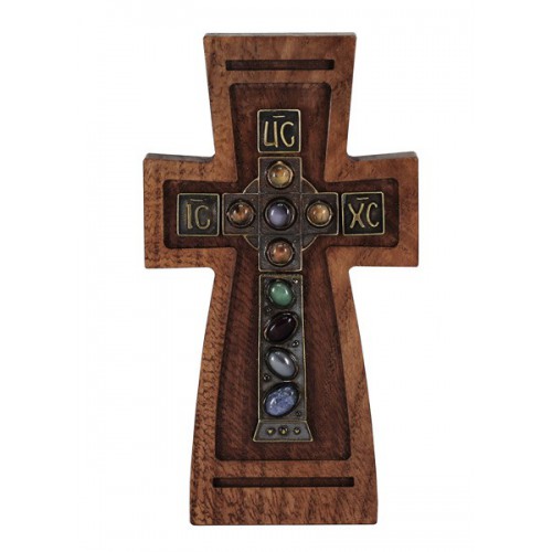 Деревянный православный крест с цветными камнями