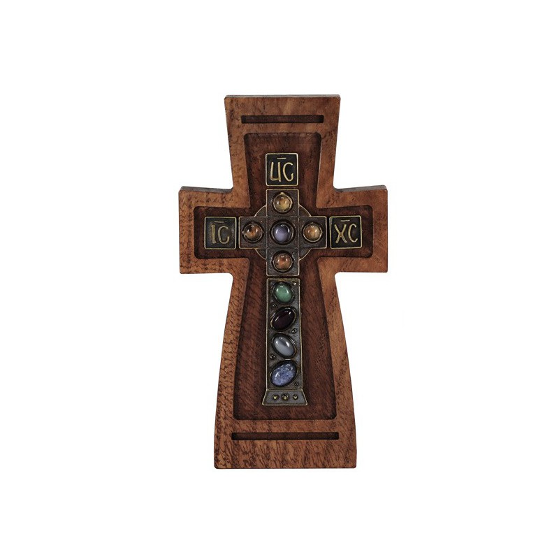 Деревянный православный крест с цветными камнями