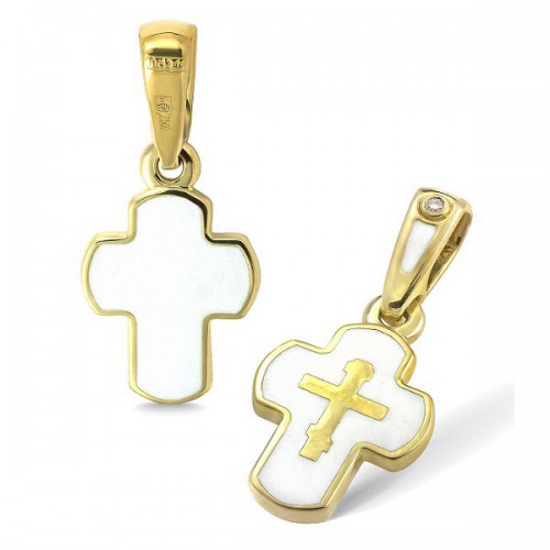 Золотой крестик с белой эмалью и бриллиантом