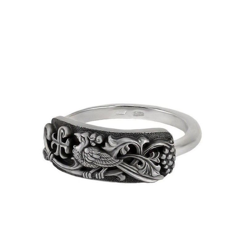 Серебряное православное кольцо с райской птицей