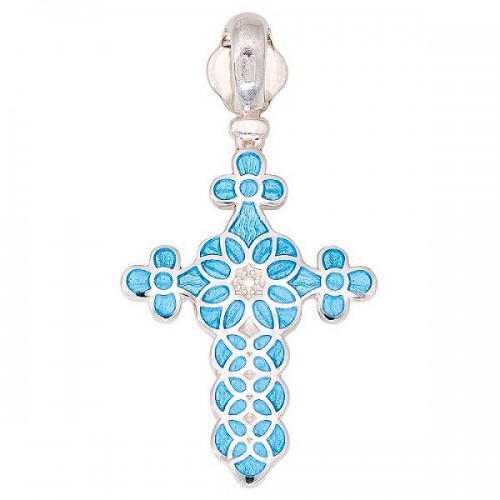 Нательный серебряный крестик с ювелирной эмалью голубого цвета