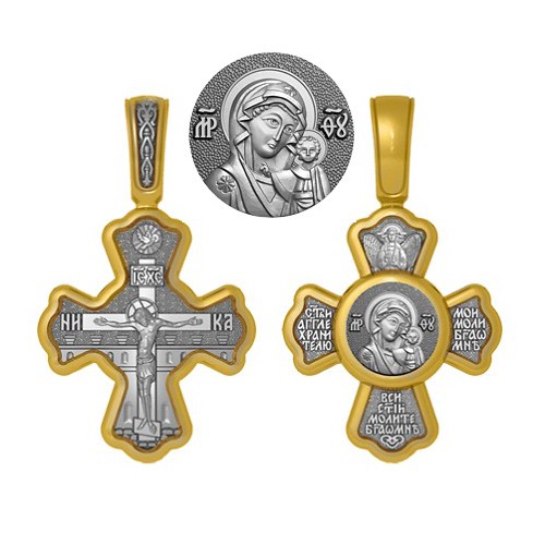 Позолоченный нательный крестик Казанская Богородица