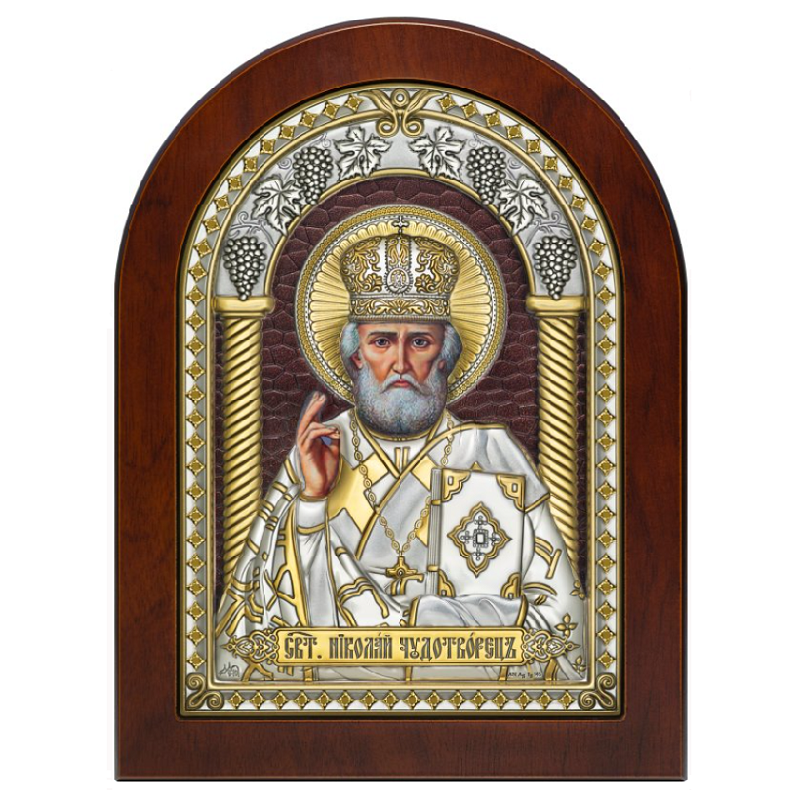 Икона Святой Николай Чудотворец с коричневым лаком
