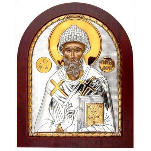 Св. Спиридон Тримифунтский. Икона в серебряном окладе (золочение)