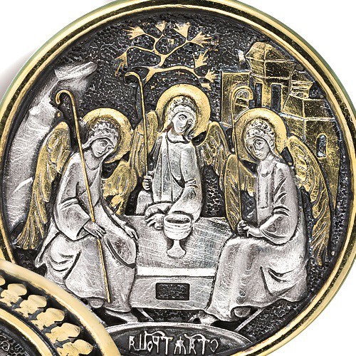 Позолоченный нательный образок Александр Свирский и Святая Троица